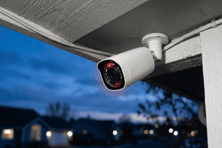Outdoor security camera mounted under a home's eave, surveying a suburban street at dusk.