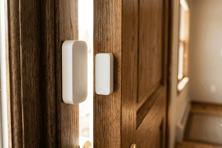 Magnetic door sensor mounted on a window frame beside its matching magnet.