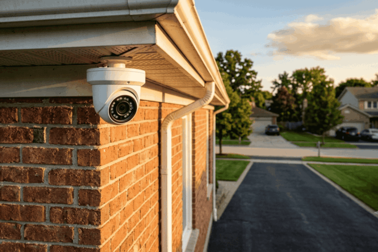 White dome security camera mounted under the eave of a brick house by a driveway.