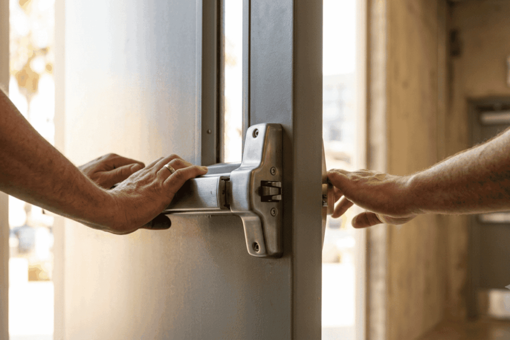 Close-up of a push-style panic bar exit device mounted on a commercial door.