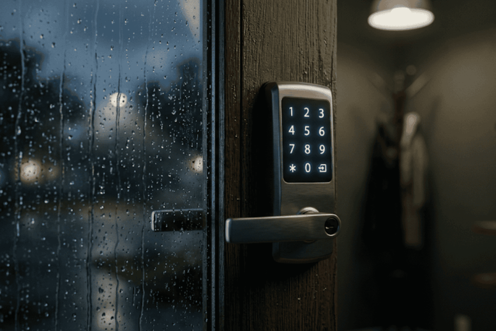 Smart lock installed on a front door, unaffected by a home power outage.