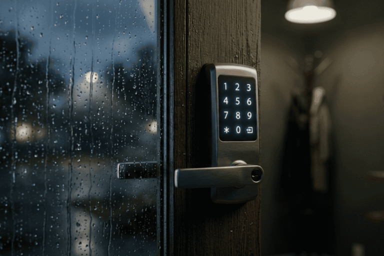 Smart lock installed on a front door, unaffected by a home power outage.