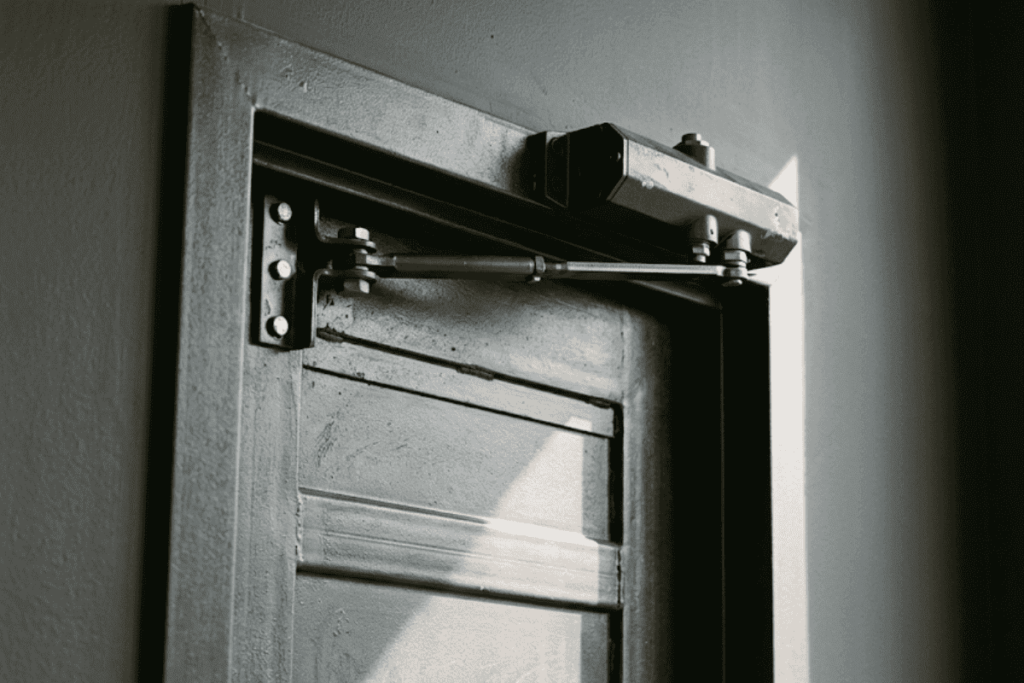 Technician adjusting a commercial hydraulic door closer on a glass storefront door in Tulsa, OK.