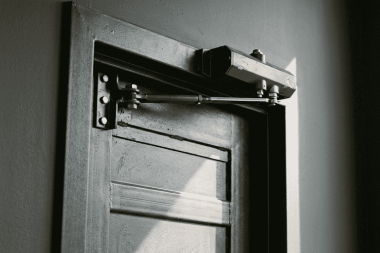 Technician adjusting a commercial hydraulic door closer on a glass storefront door in Tulsa, OK.