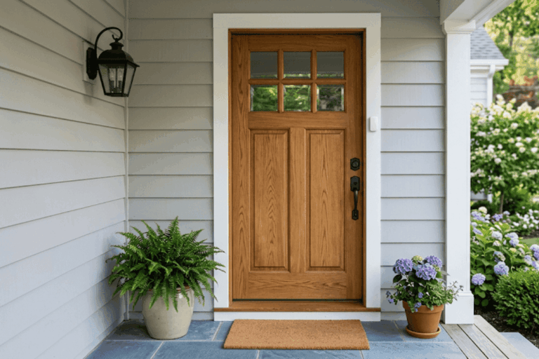 Home alarm system keypad mounted near a front entry door.
