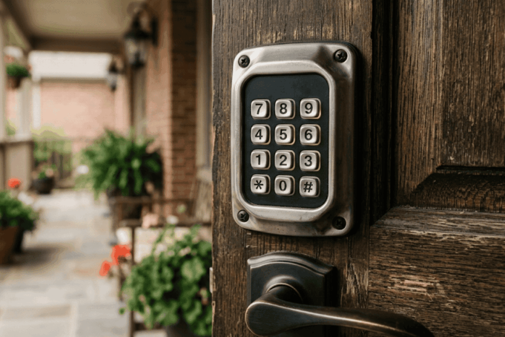 Offline battery-powered keypad door lock installed on a Tulsa home.