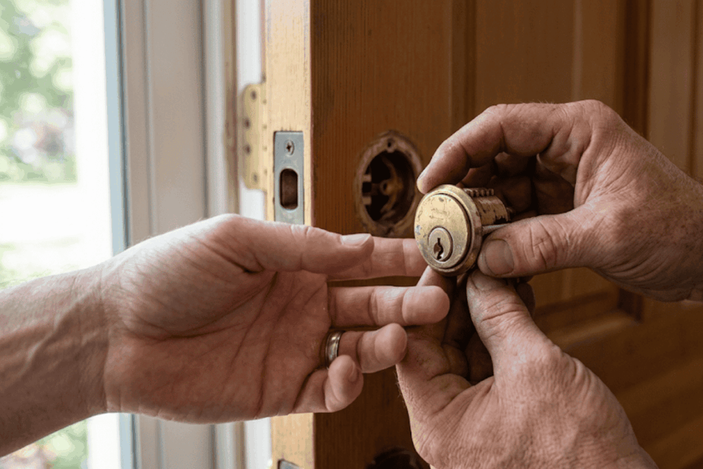 Locksmith inspecting a Tulsa door lock for signs of forced entry.