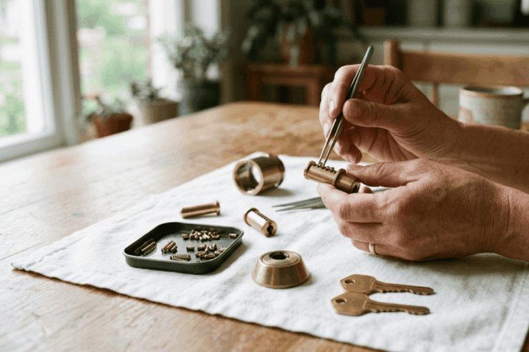Hands rekeying a door lock cylinder with a rekeying kit.
