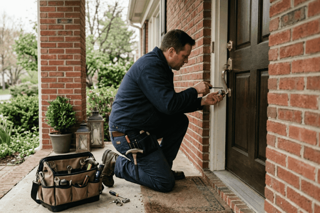 Locksmith rekeying multiple house door locks during one visit.