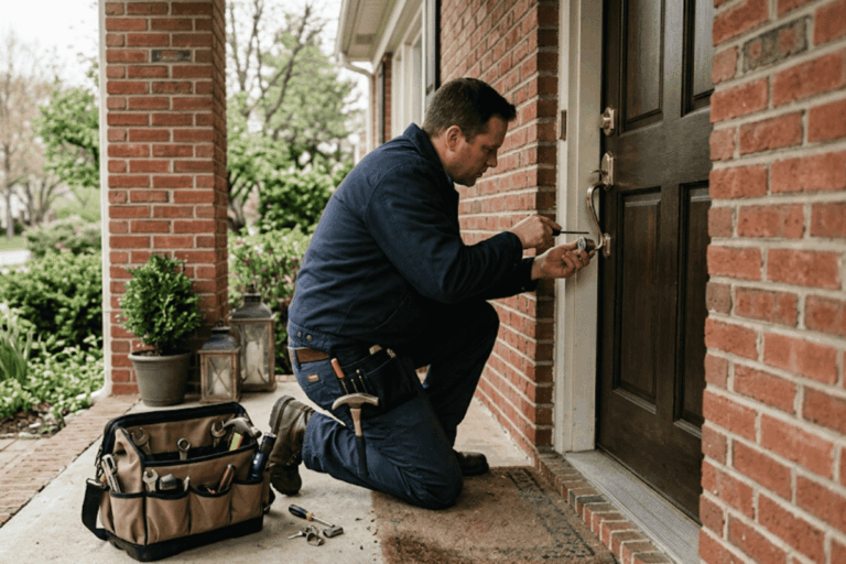 Locksmith rekeying multiple house door locks during one visit.