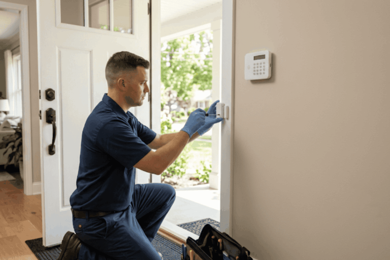 Technician installing a security camera and door sensor on a home.