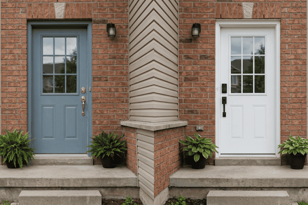 Electronic keypad lock next to a traditional keyed deadbolt on a house door.