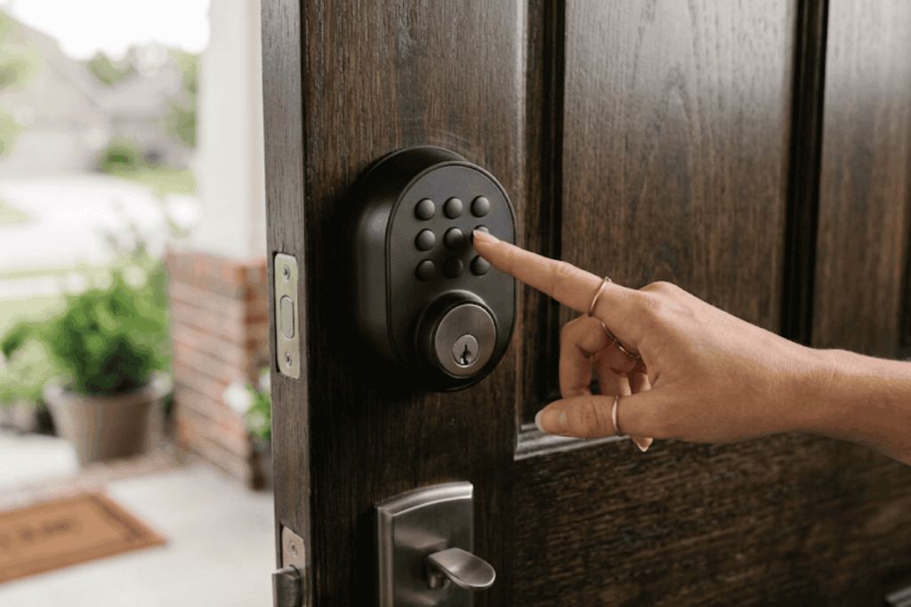 Several smart lock brands installed on sample doors in a showroom.