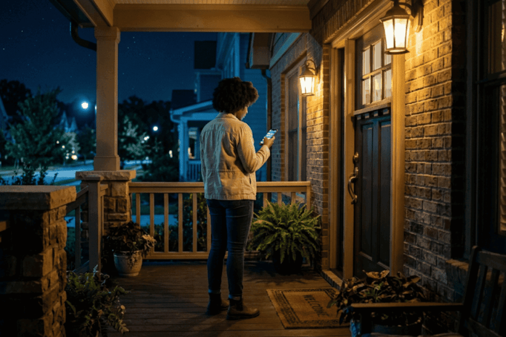 Person locked out standing at a house front door at night.